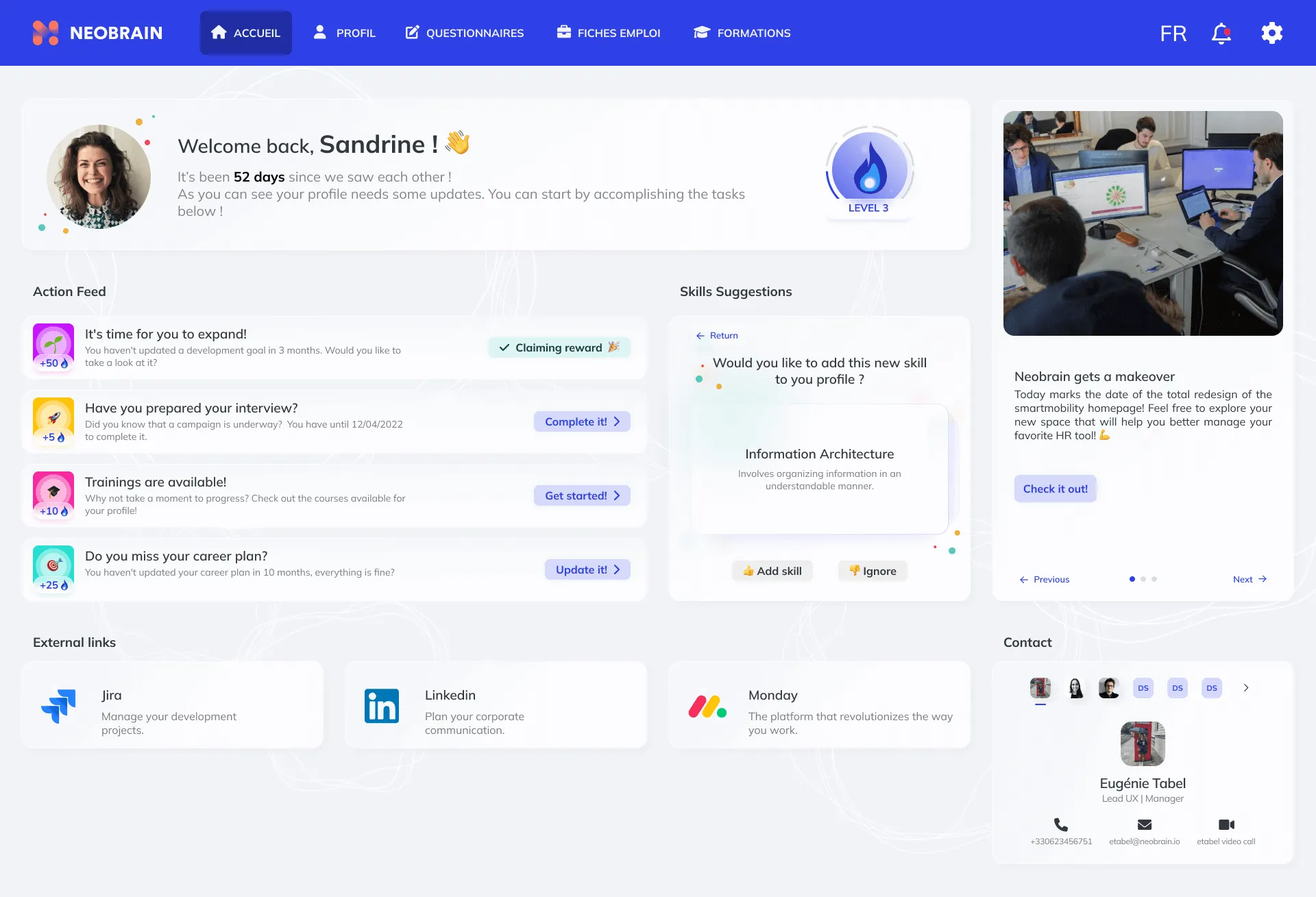 Page d'accueil du collaborateur sur la plateforme neobrain