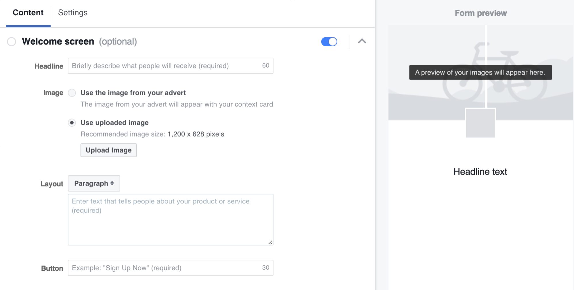 Facebook Lead Ads Welcome Screen