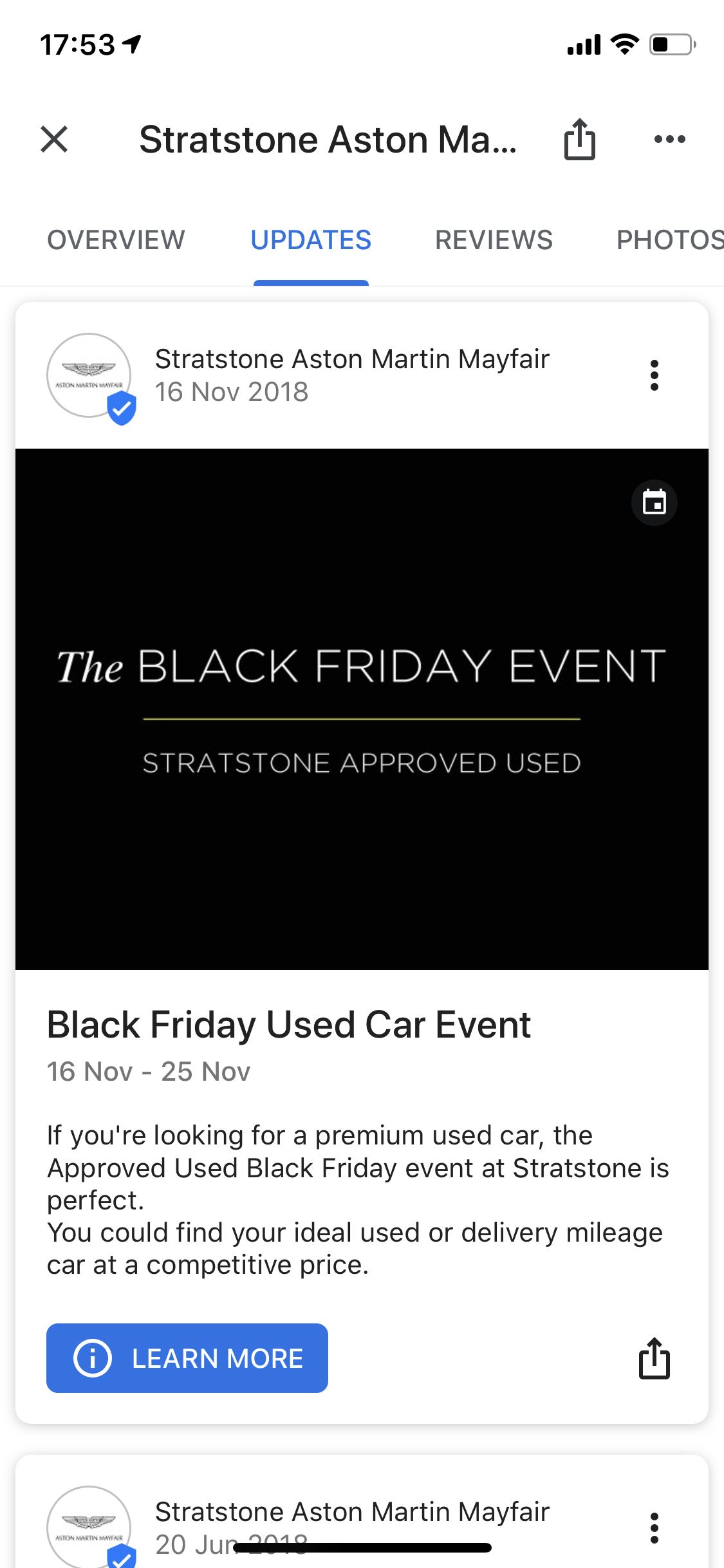 Stratstone Aston Martin Mayfair used Google My Business post to promote their Black Friday Used Car Event.