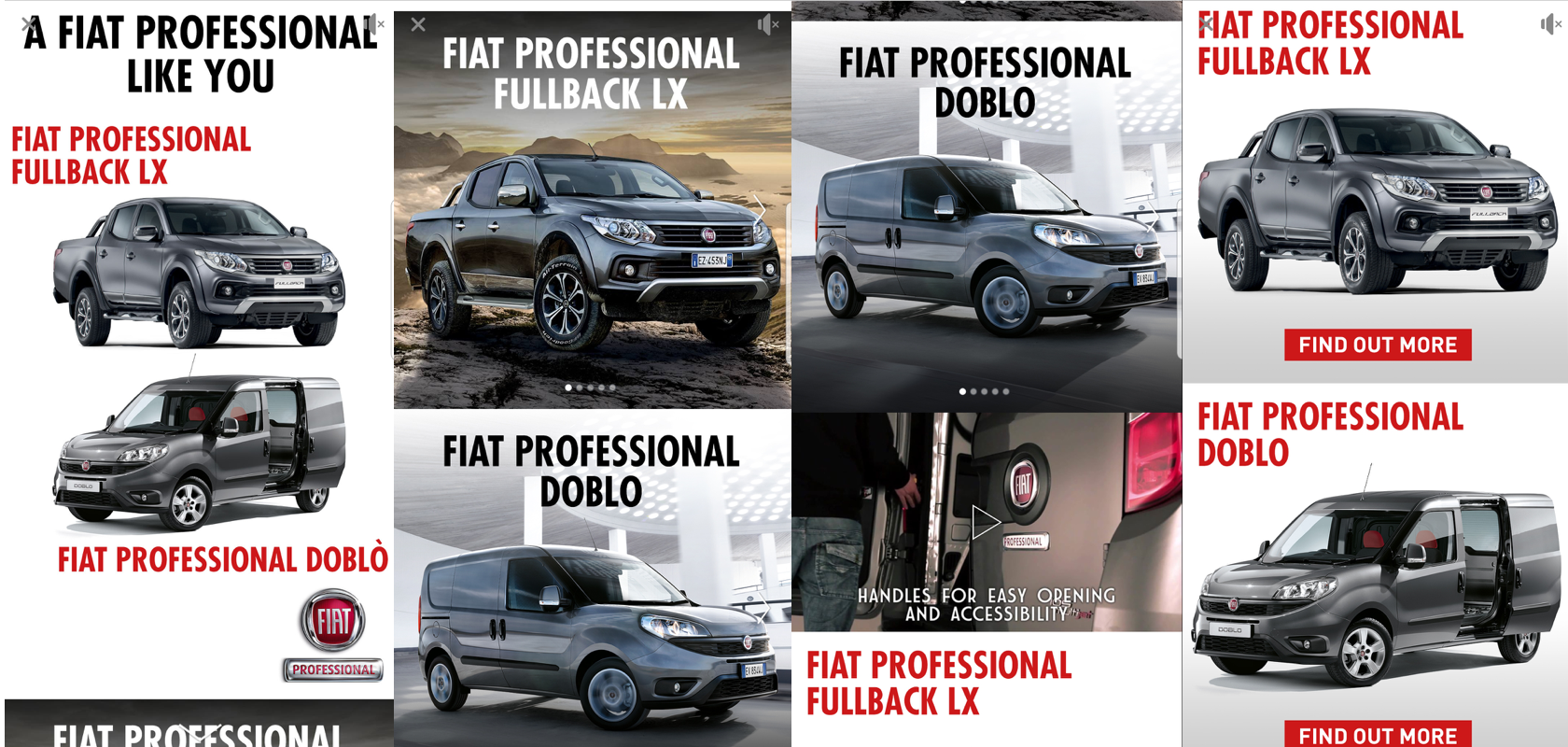 This Facebook Canvas ad by Fiat uses a combination of images and video to showcase Fiat Professional models and highlight specific features.