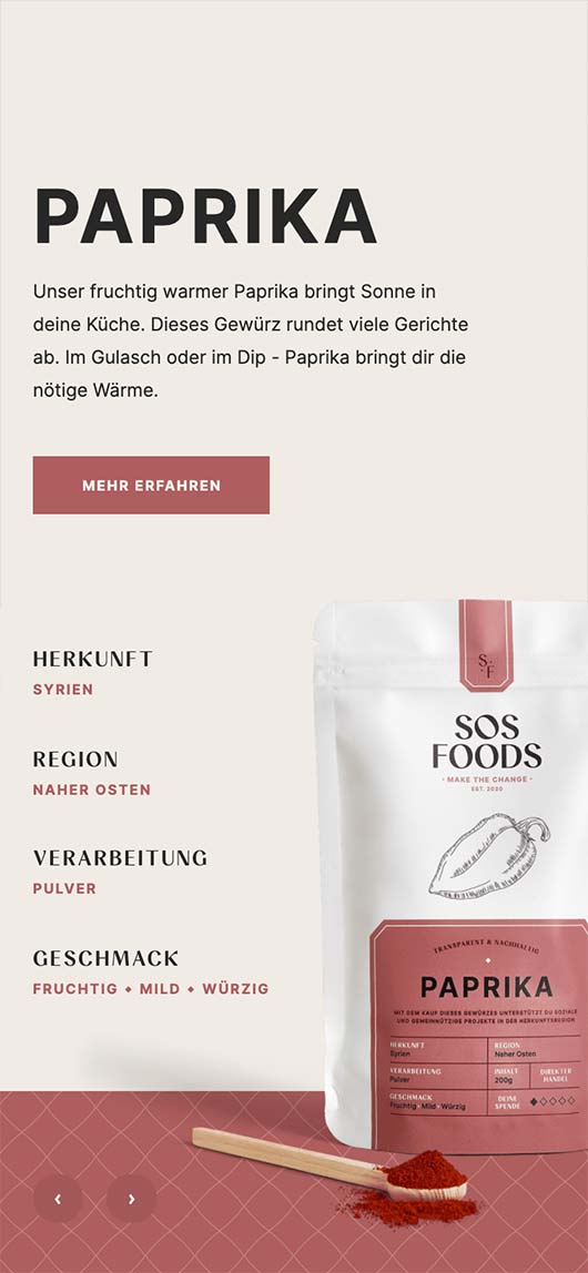 SOS Foods: Webdesign of product page, Paprika, Mobile breakpoint