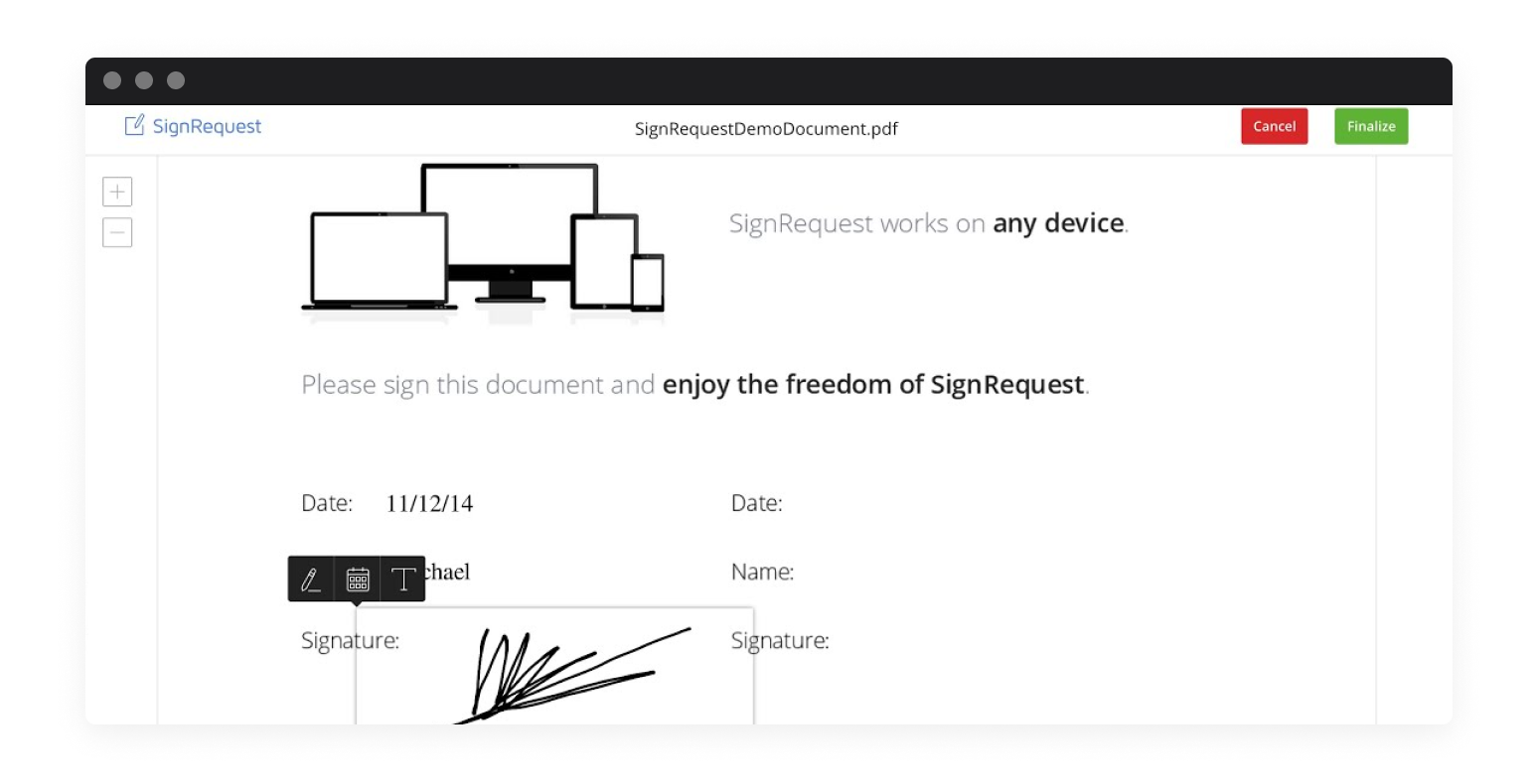 Screenshot of SignRequest to send remote job offers