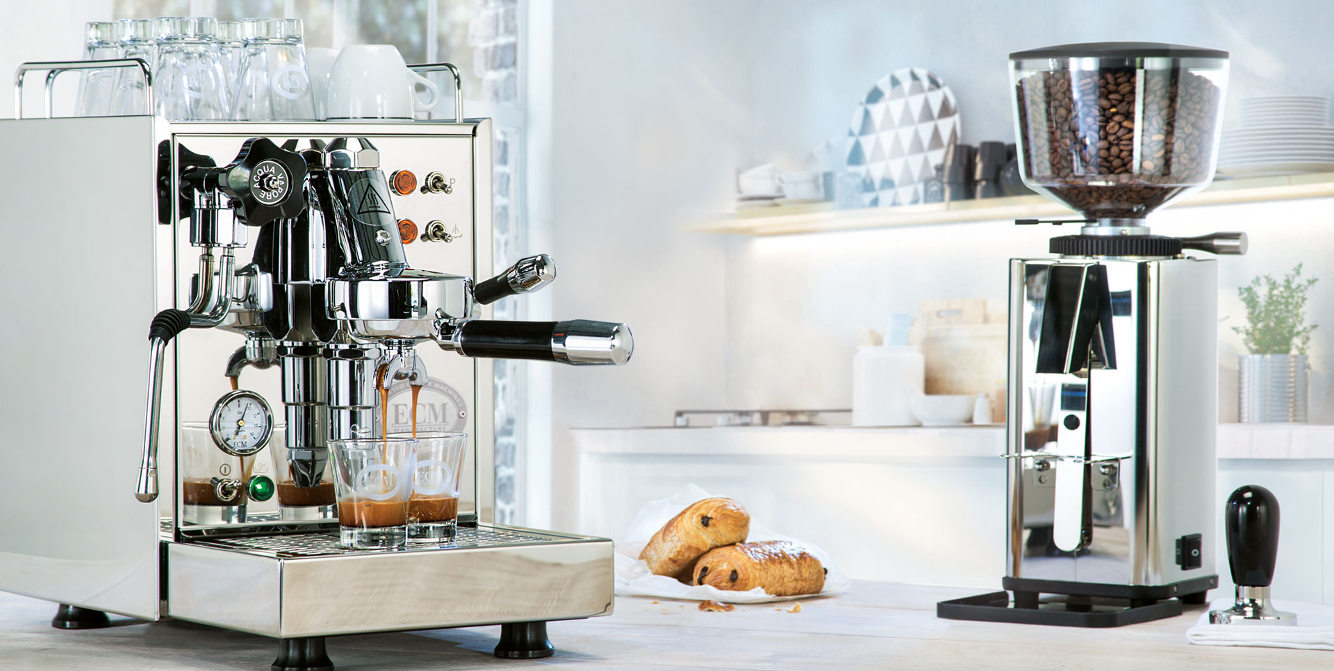 Picture of an ECM Coffee machine and Coffee grinder in a kitchen