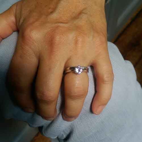 Engagement ring remodelling project - Trapezoid ring on client hand