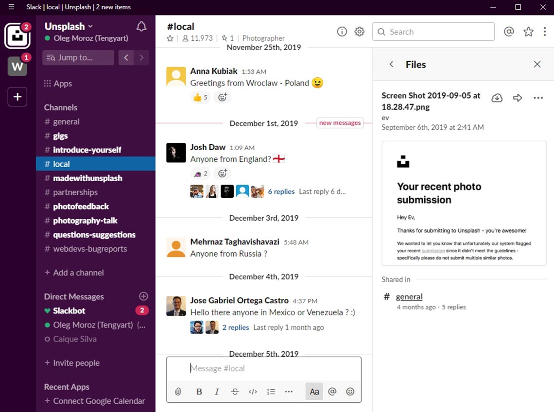 Образец работы прилождения Slack для сайта Unsplash