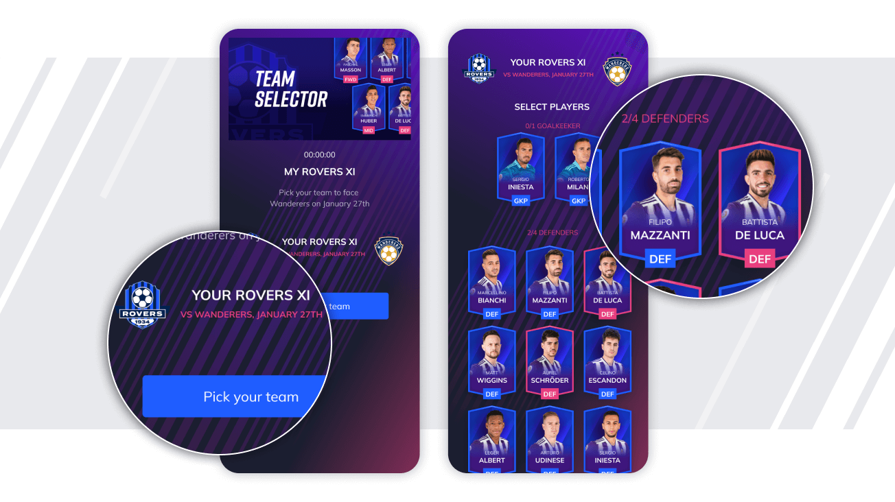 designs showing the team selector