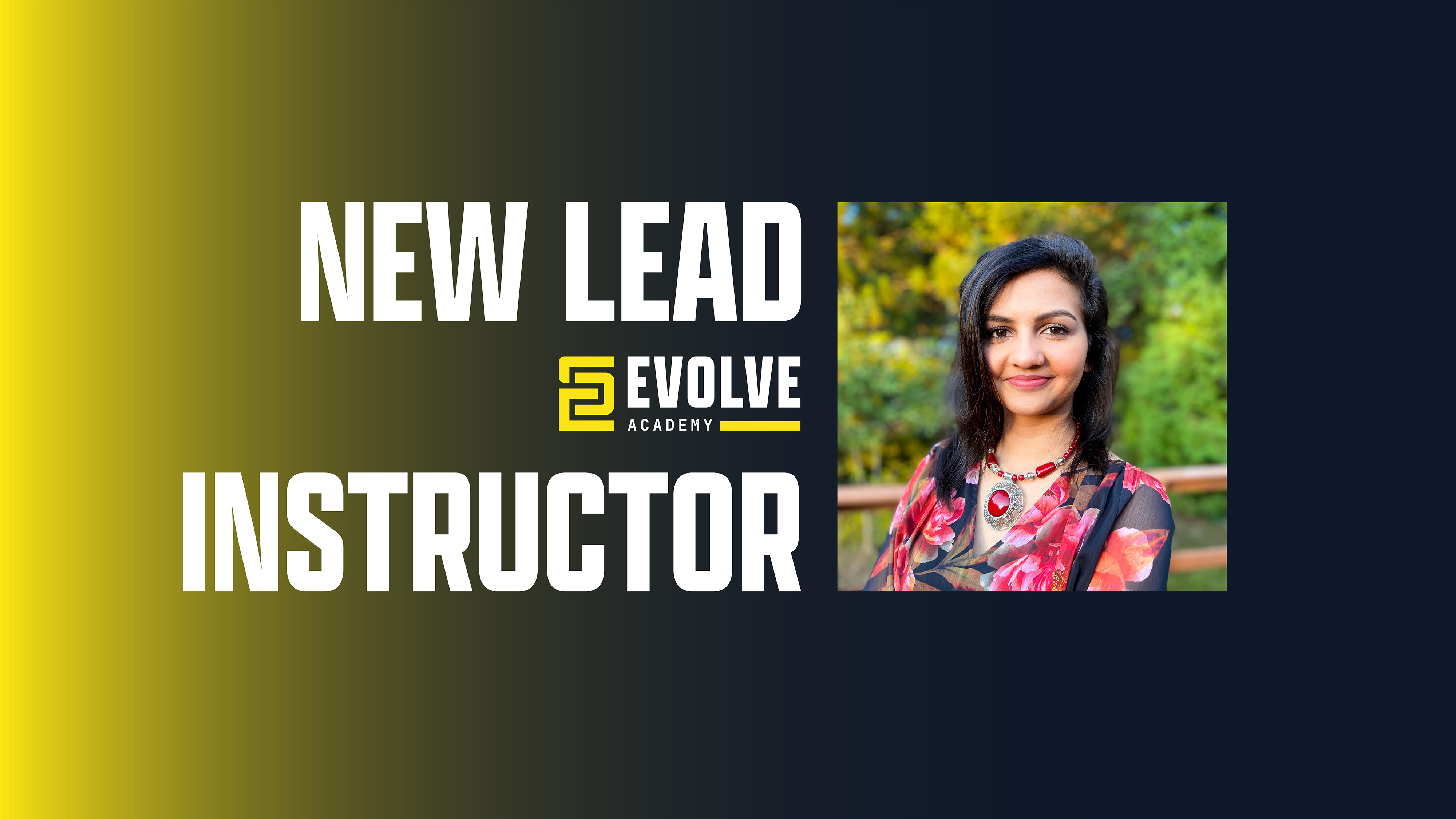 image of woman smiling next to the words "New Lead Instructor"
