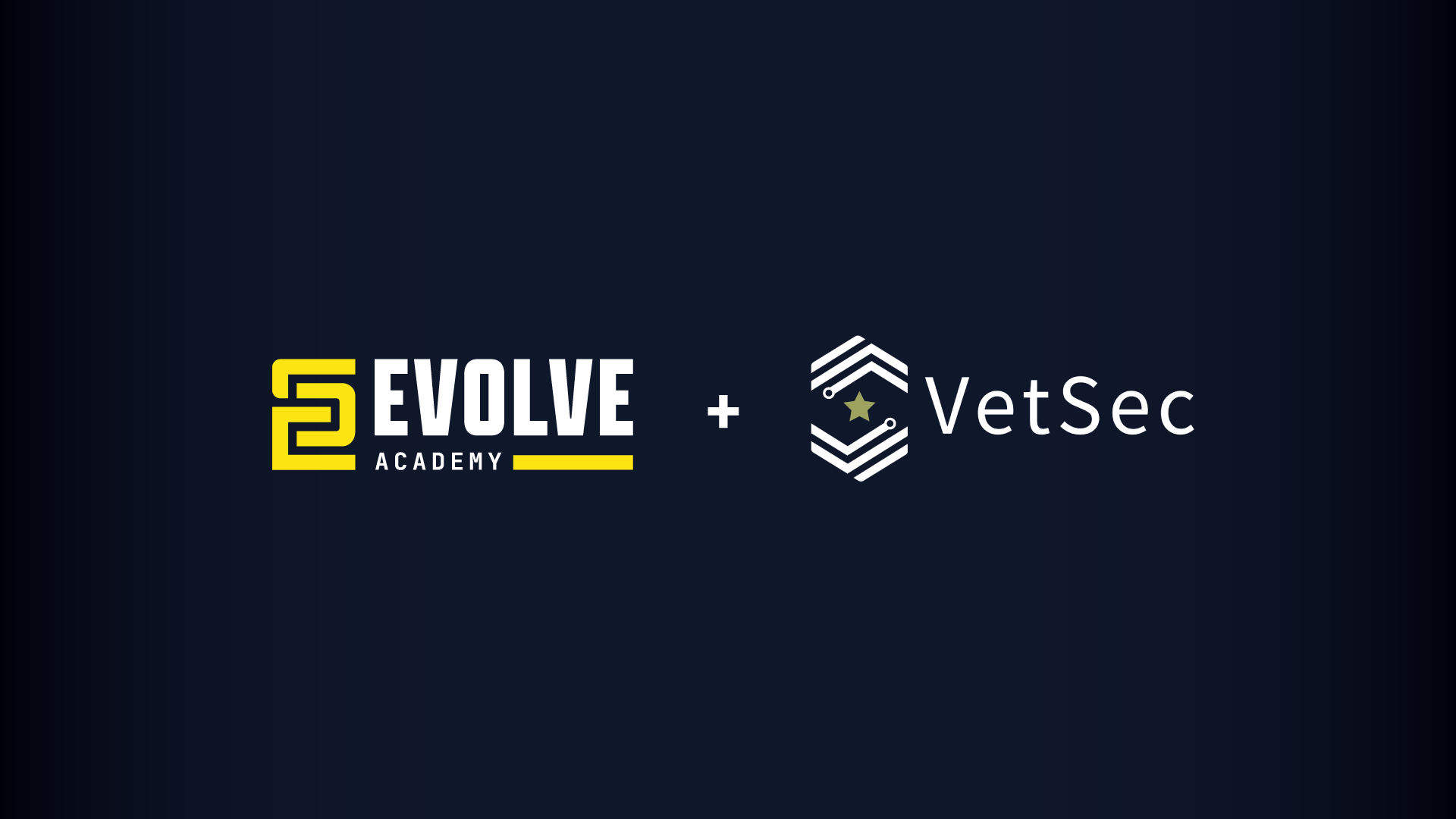 Evolve Academy's logo on the left, VetSec's logo on the right with a plus sign in the center of the image, between the two logos.