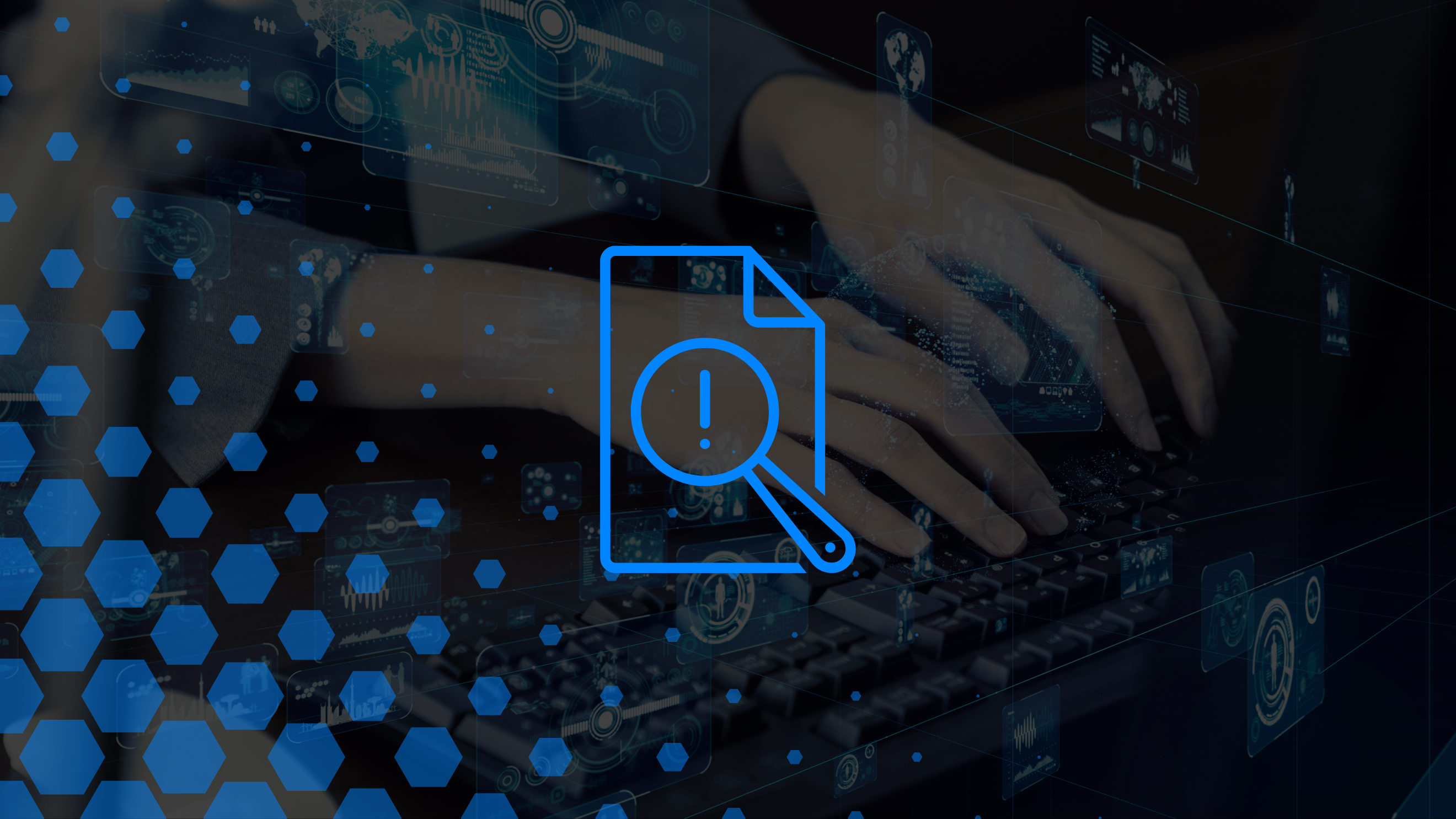 Hands on a keyboard with a blue graphic overlay and image of a piece of paper and magnifying glass
