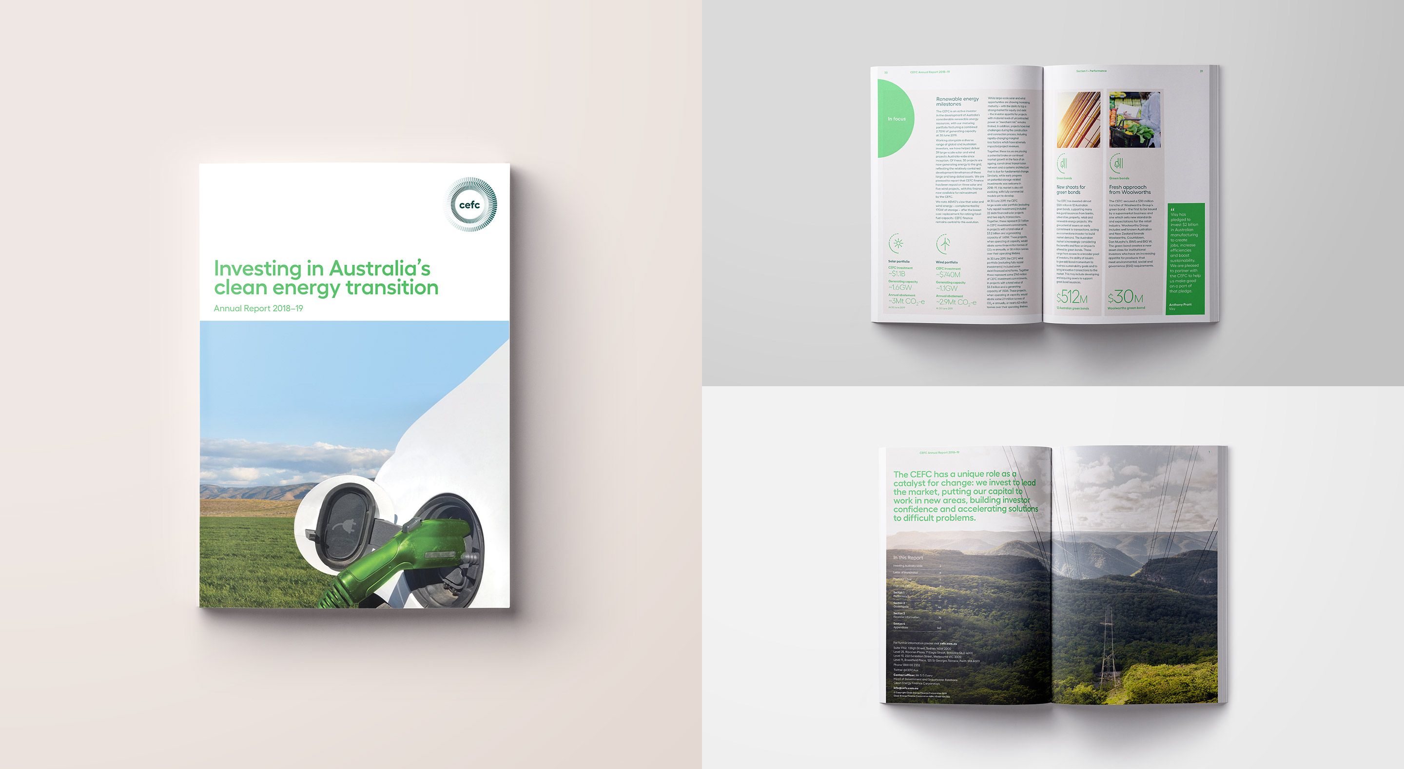 CEFC. Annual Report front cover and inside spreads overview.