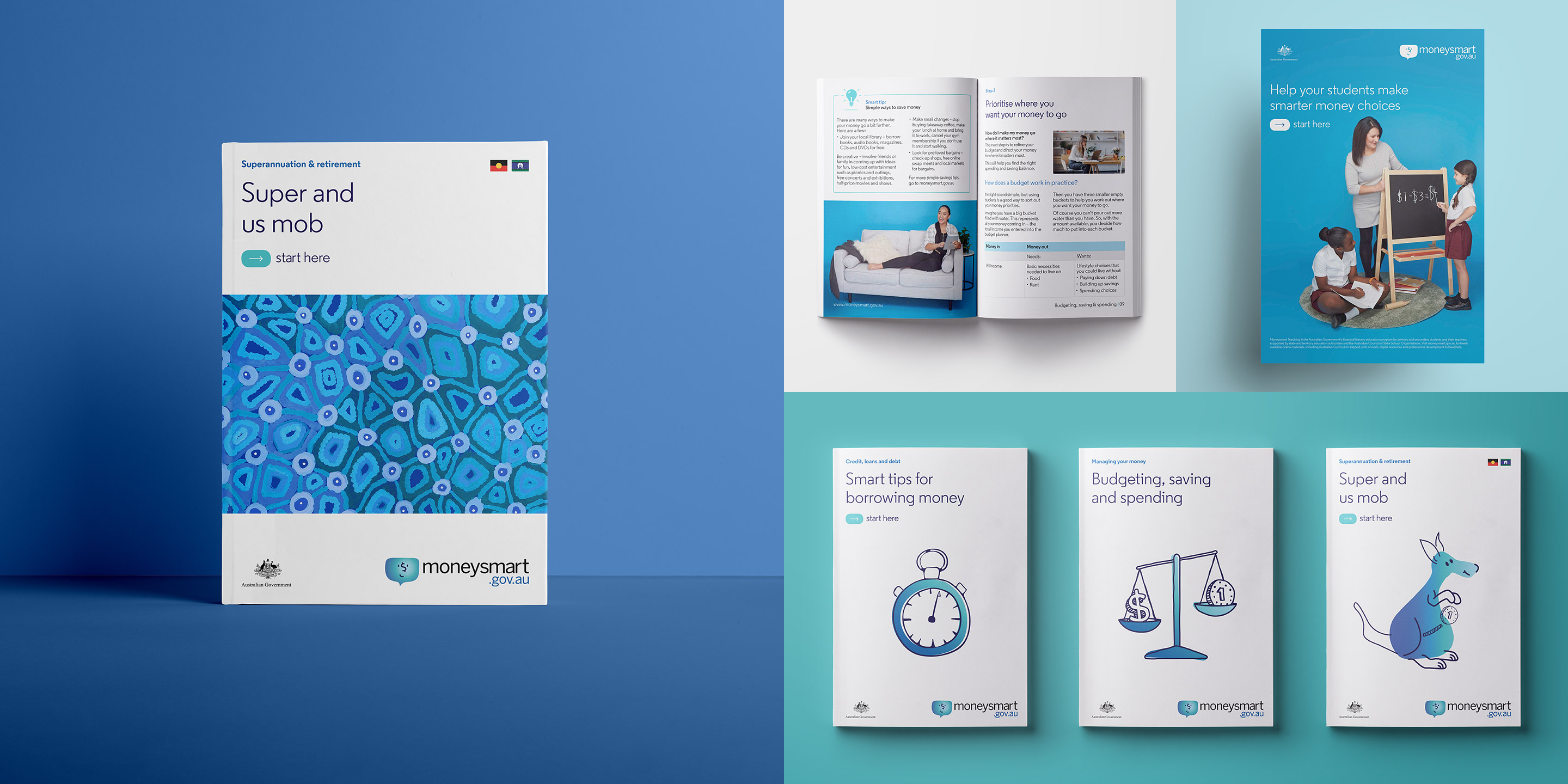 Moneysmart. Printed material overview. Information booklet front covers and spreads and poster design.