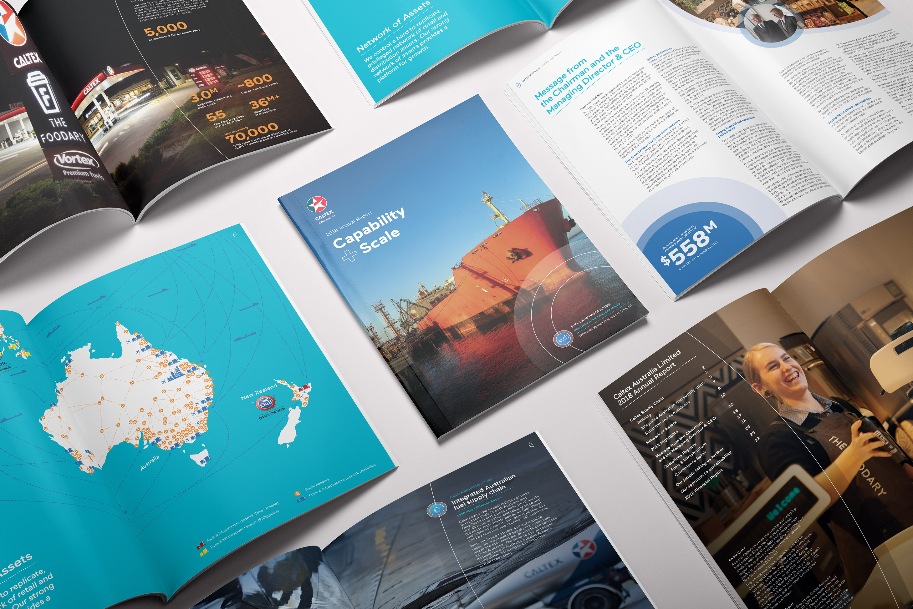 Caltex. Annual Report. Front cover and inside spread overview.