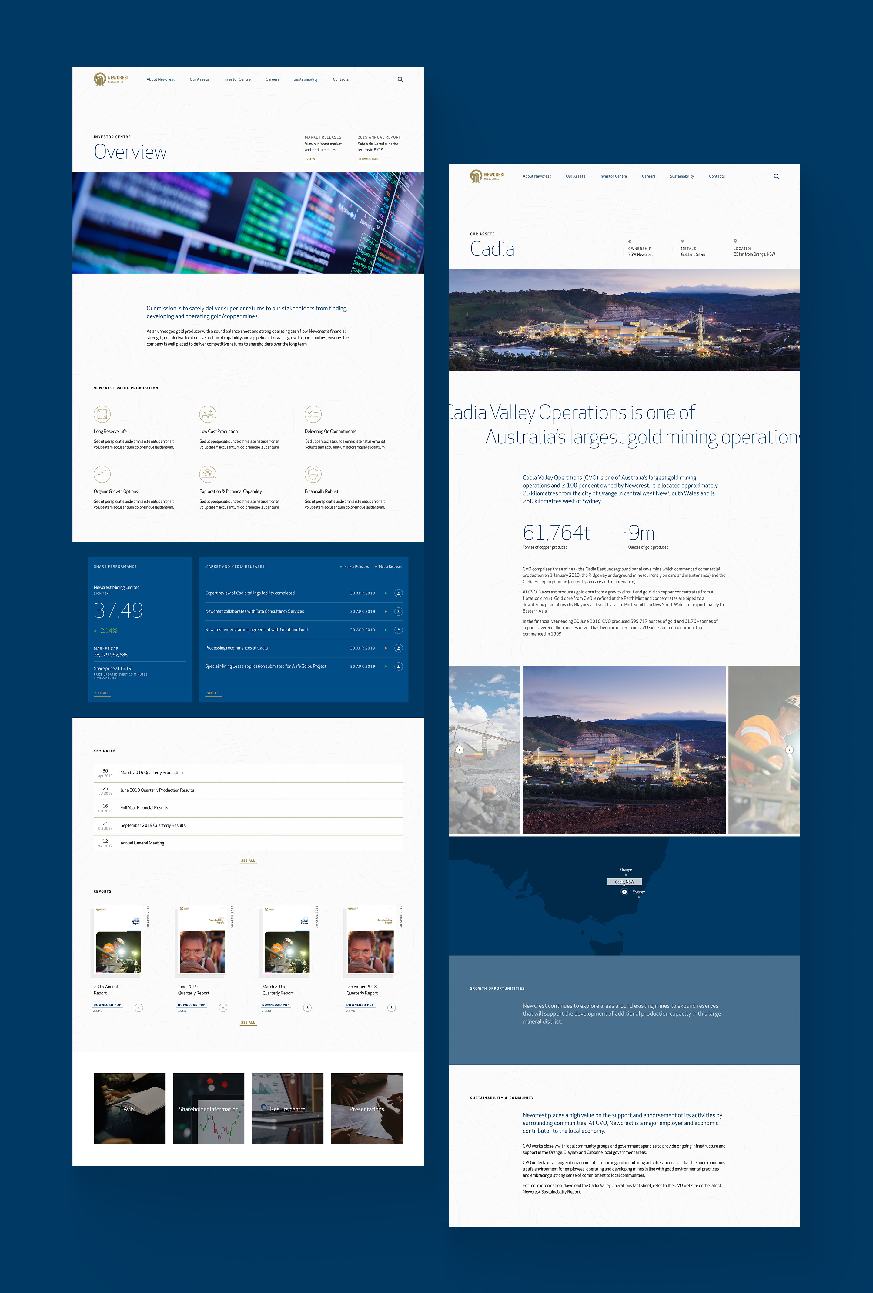 Newcrest Mining. 'Overview' and individual asset 'Cadia' desktop webpage designs.
