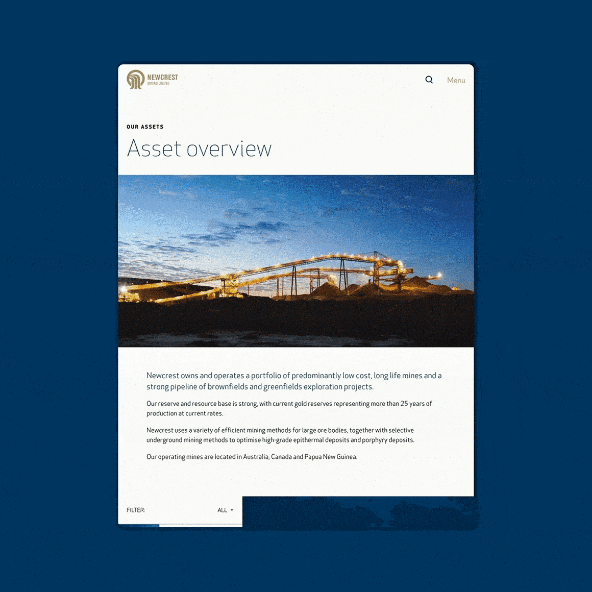Newcrest Mining. Responsive tablet 'Our Assets' and individual asset pages.