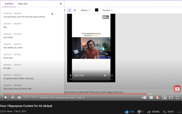 screenshot of joe's youtube video using subly