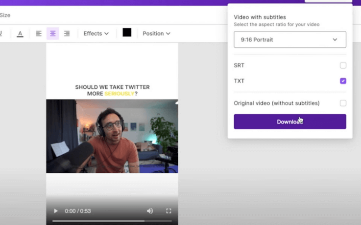 Subly editor exporting txt file on resized video with subtitles