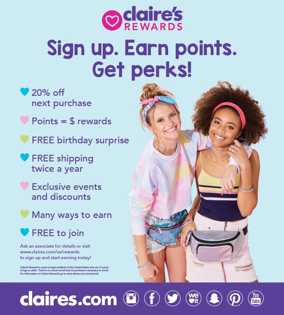 claires rewards benefit list and two young models wearing claires accessories
