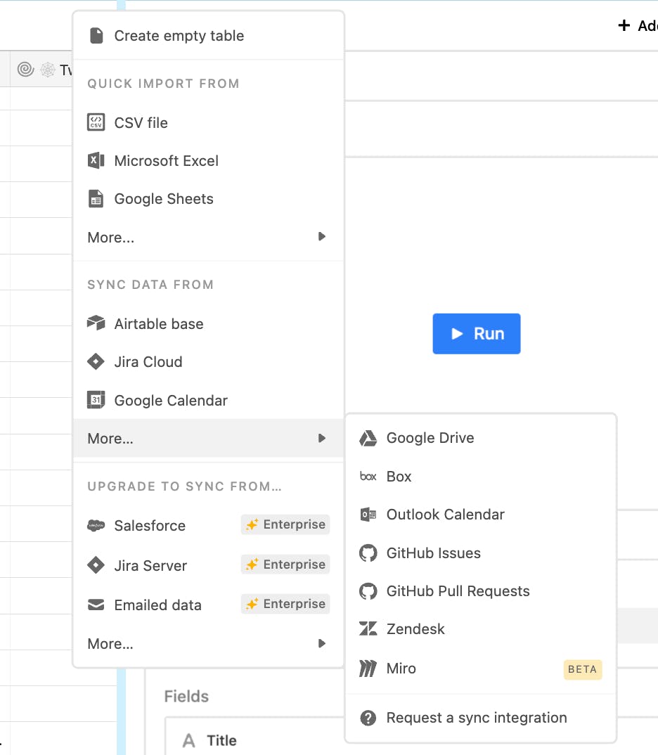 Current sync options in Airtable