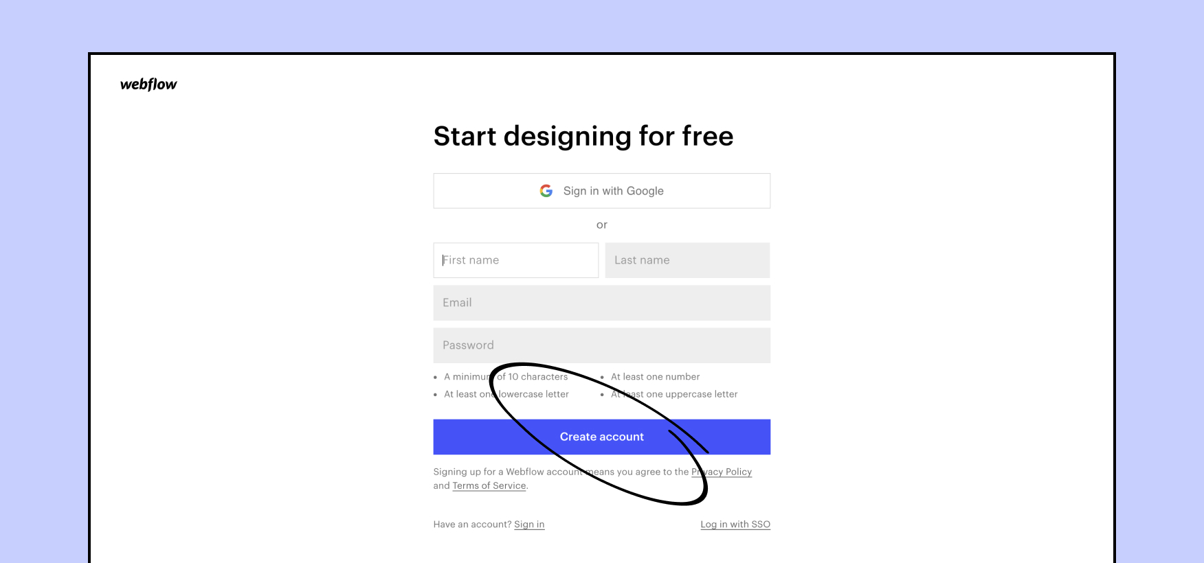 create an account screen for webflow