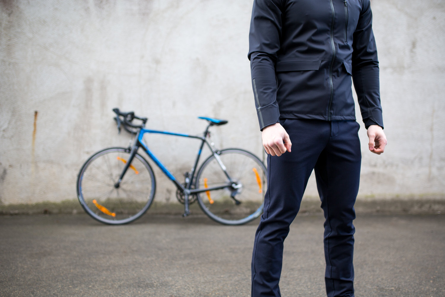 All-over bonded pre-shaped windblock DWR jacket with unzipped reflective pieces & highly stretchable denim troussers