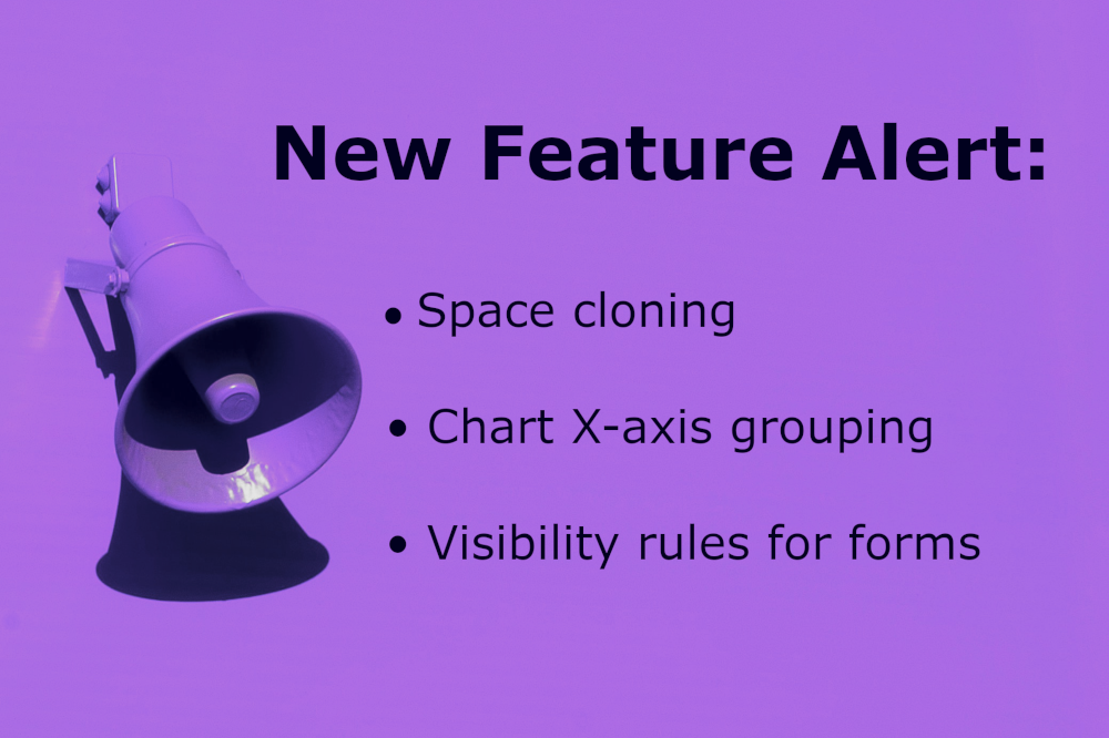 The image reads: New feature alert: Space cloning, Chart X-axis grouping, Visibility rules for forms