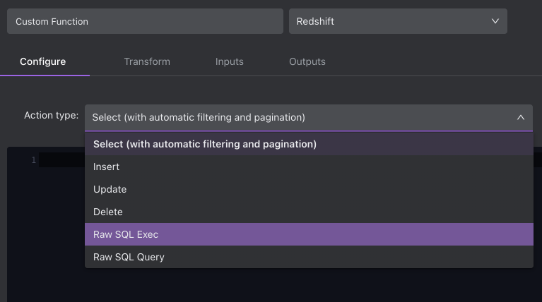 A screenshot showing a dropdown of Internal's SQL Server CRUD actions