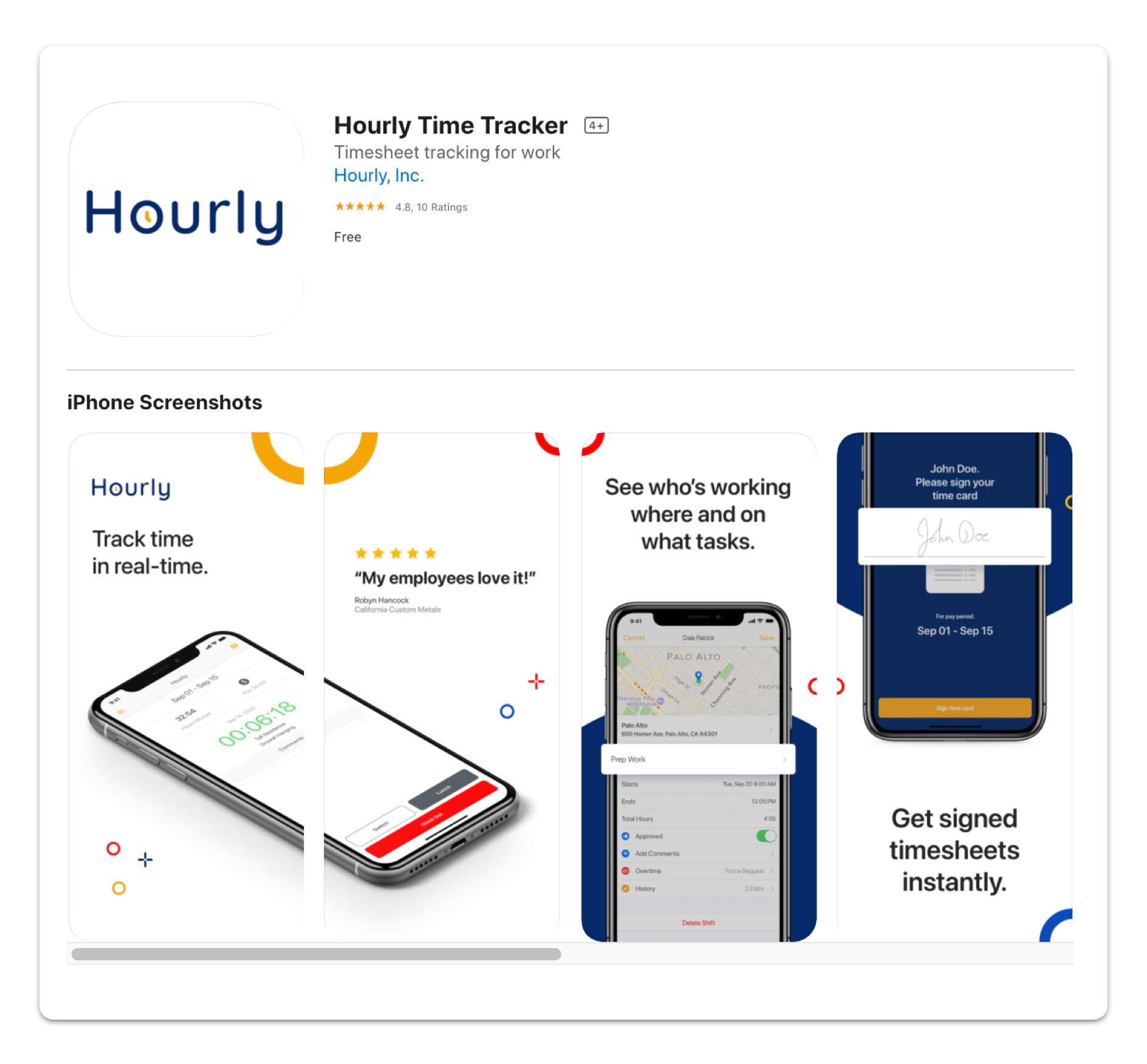 Hourly mobile app screenshots