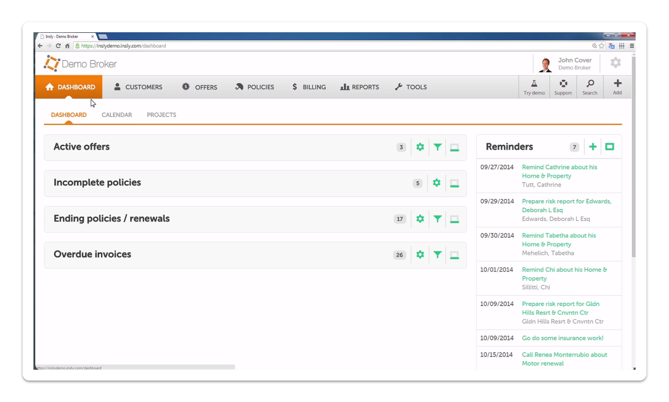 Insly CRM dashboard screenshot