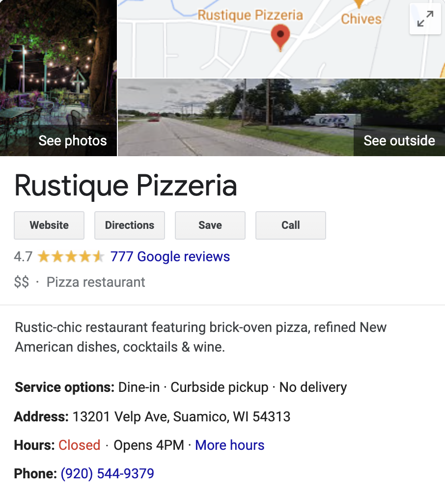Google My Business page for Rustique Pizza