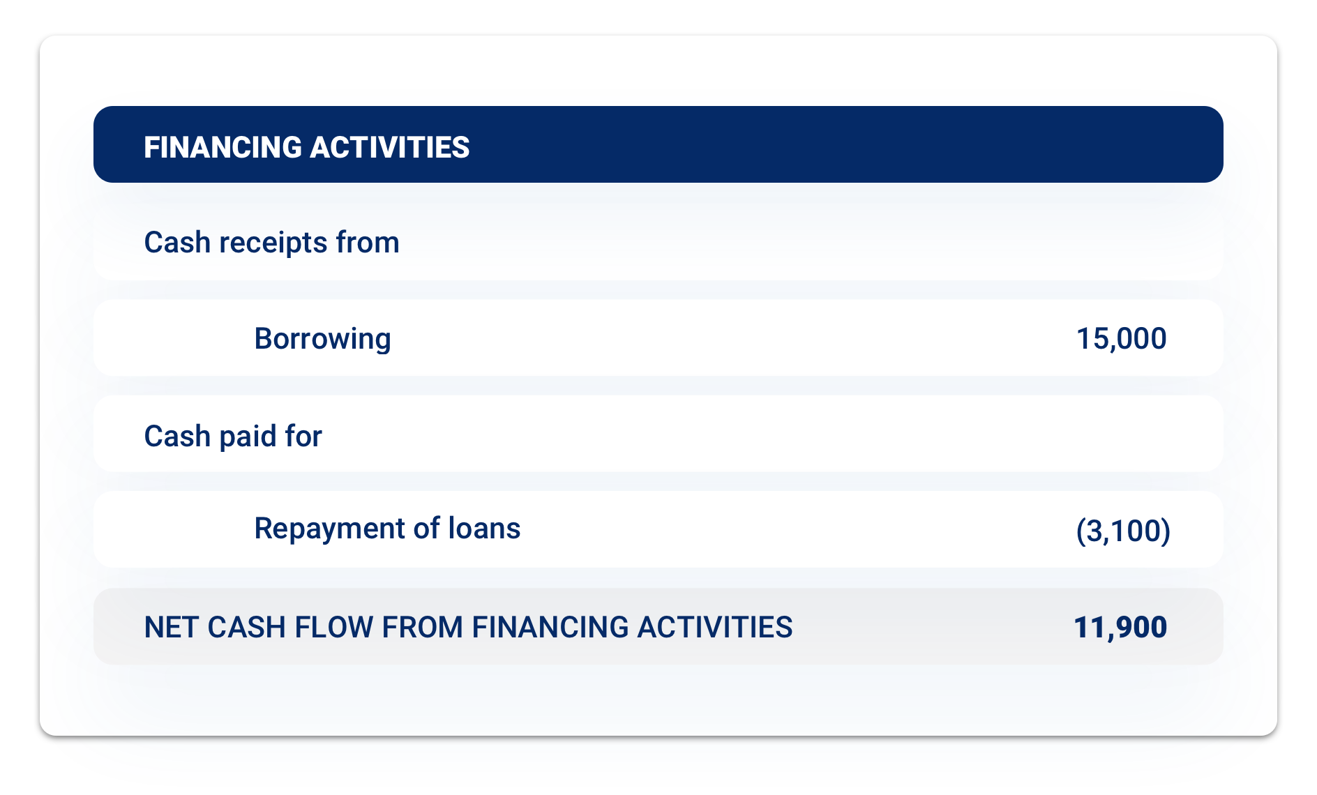 Screenshot of the financing activities section of a cash flow statement