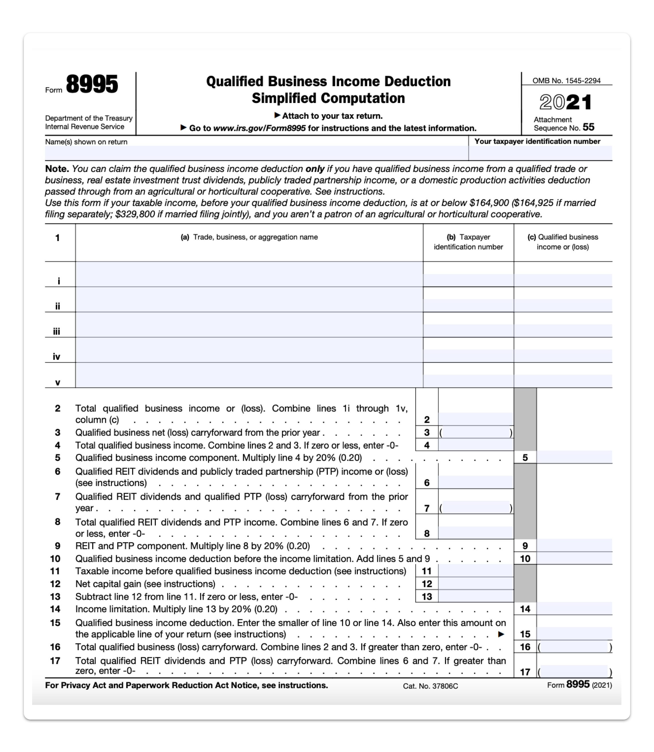 IRS Form 8995 Qualified Business Income Deduction Simplified Computation