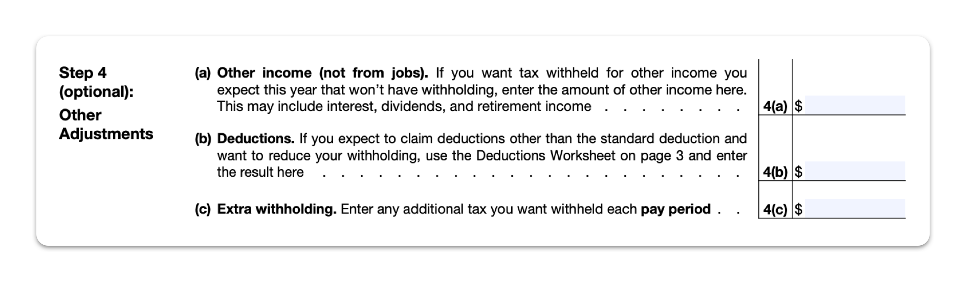 Optional adjustments section of W-4