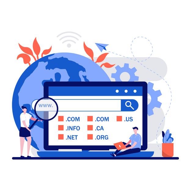 Domain registration web page concept with tiny people character choose Premium Vector