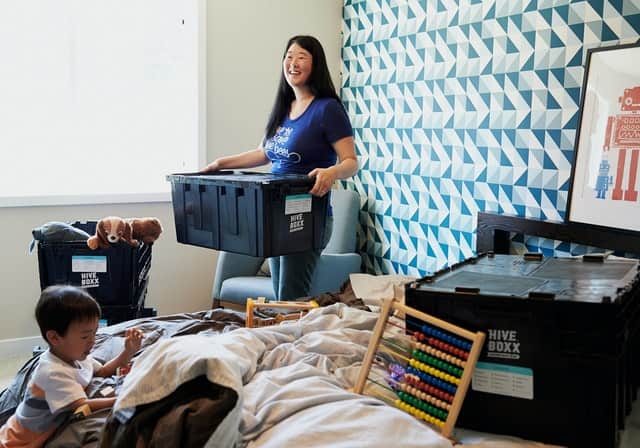 woman packing with son