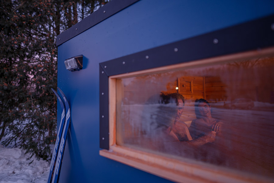 View through the window of a mobile sauna