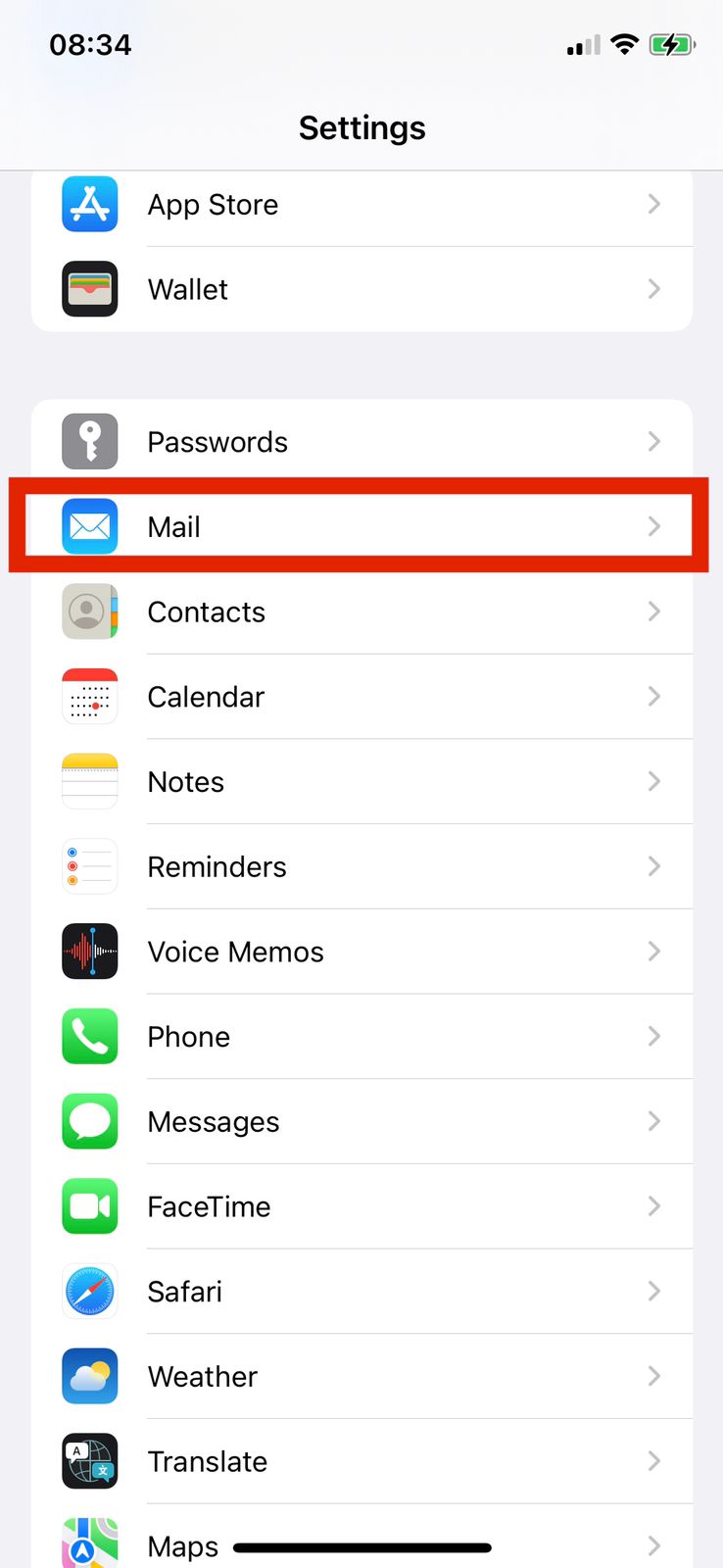 opening mail settings from an iphone