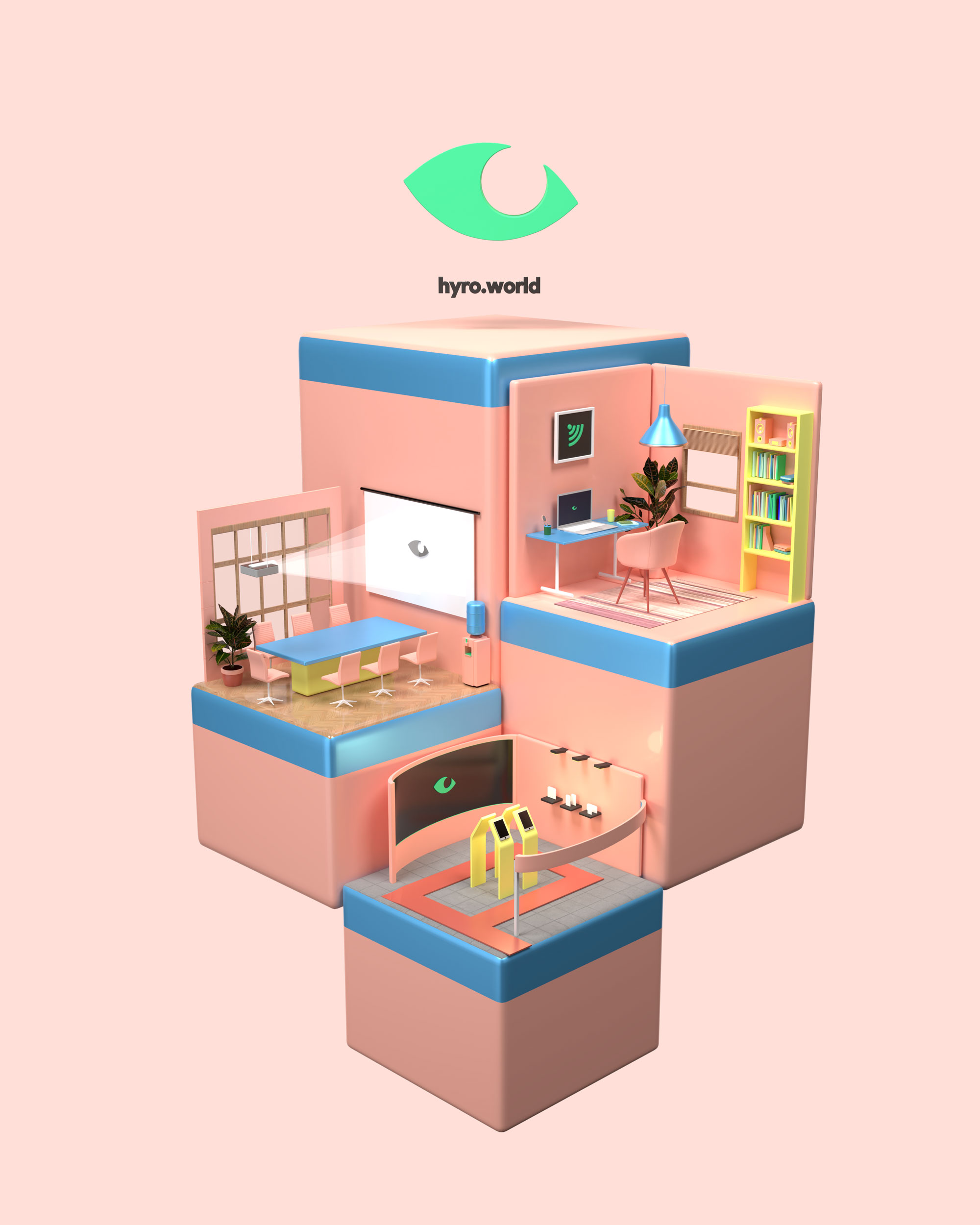 3D render that shows four layer that visualize that you can use Hyro Storytelling Software at any location, whenever you want