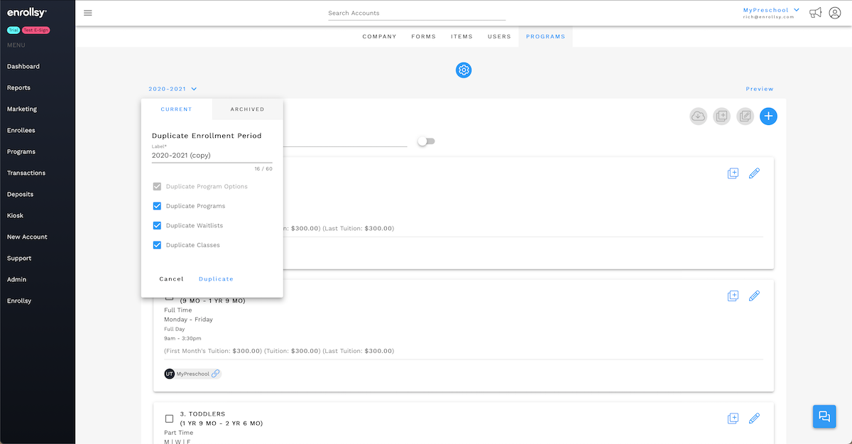 Duplicating Classes and Waitlists in Enrollsy