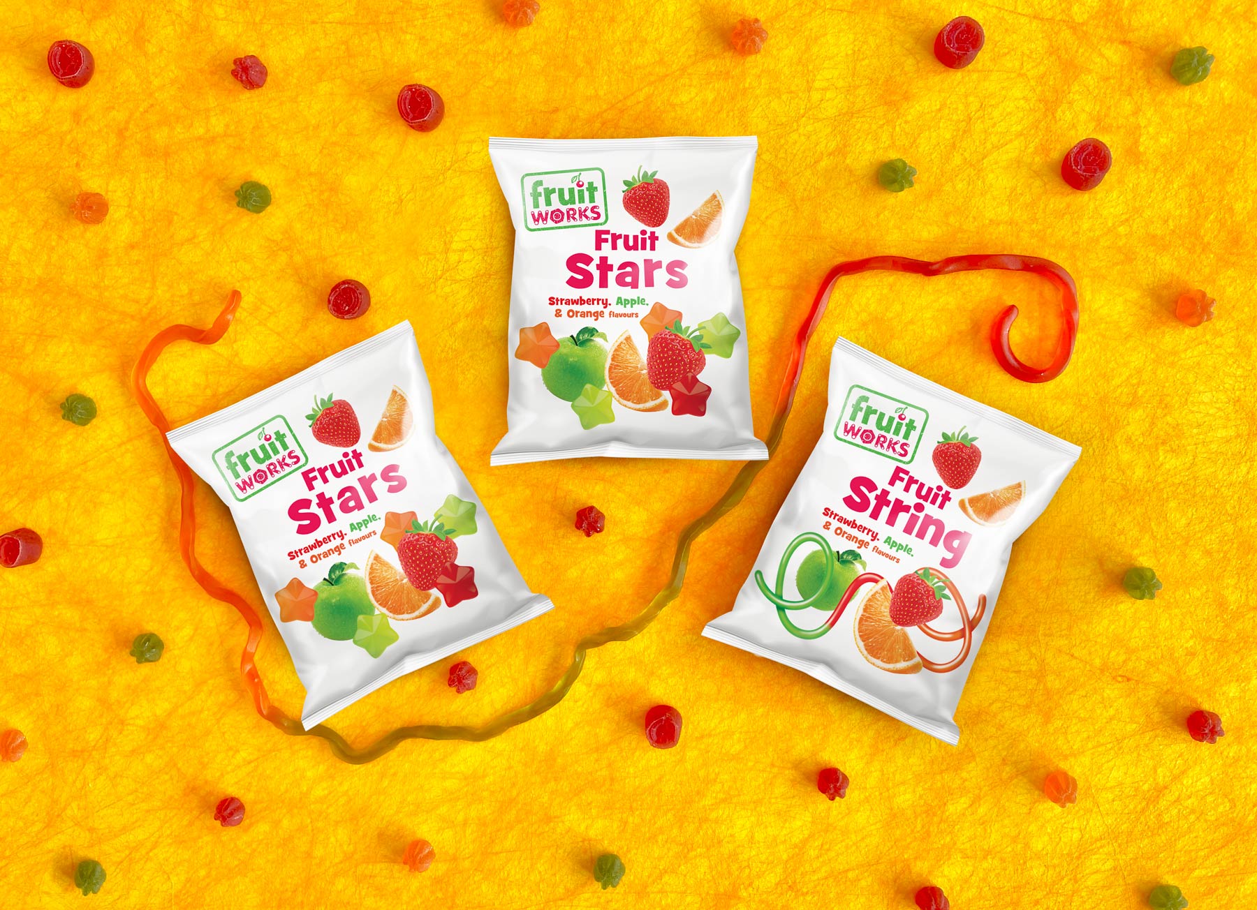 Hero image of some Fruit Works products on a vibrant yellow background.