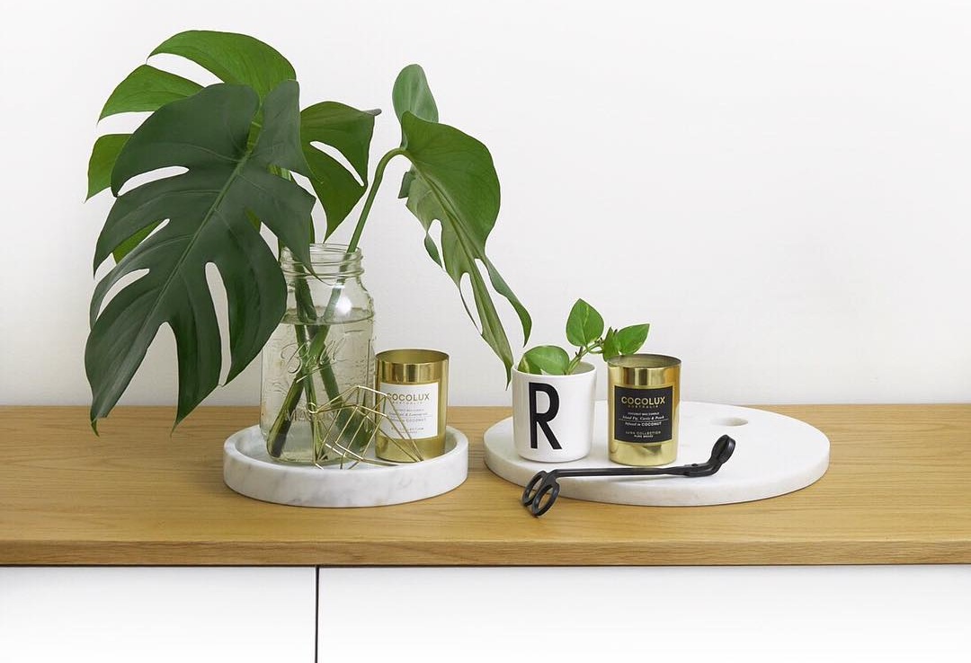 itens de decoração para casa de ouro e mármore com folhas de monstera e hera no fundo branco