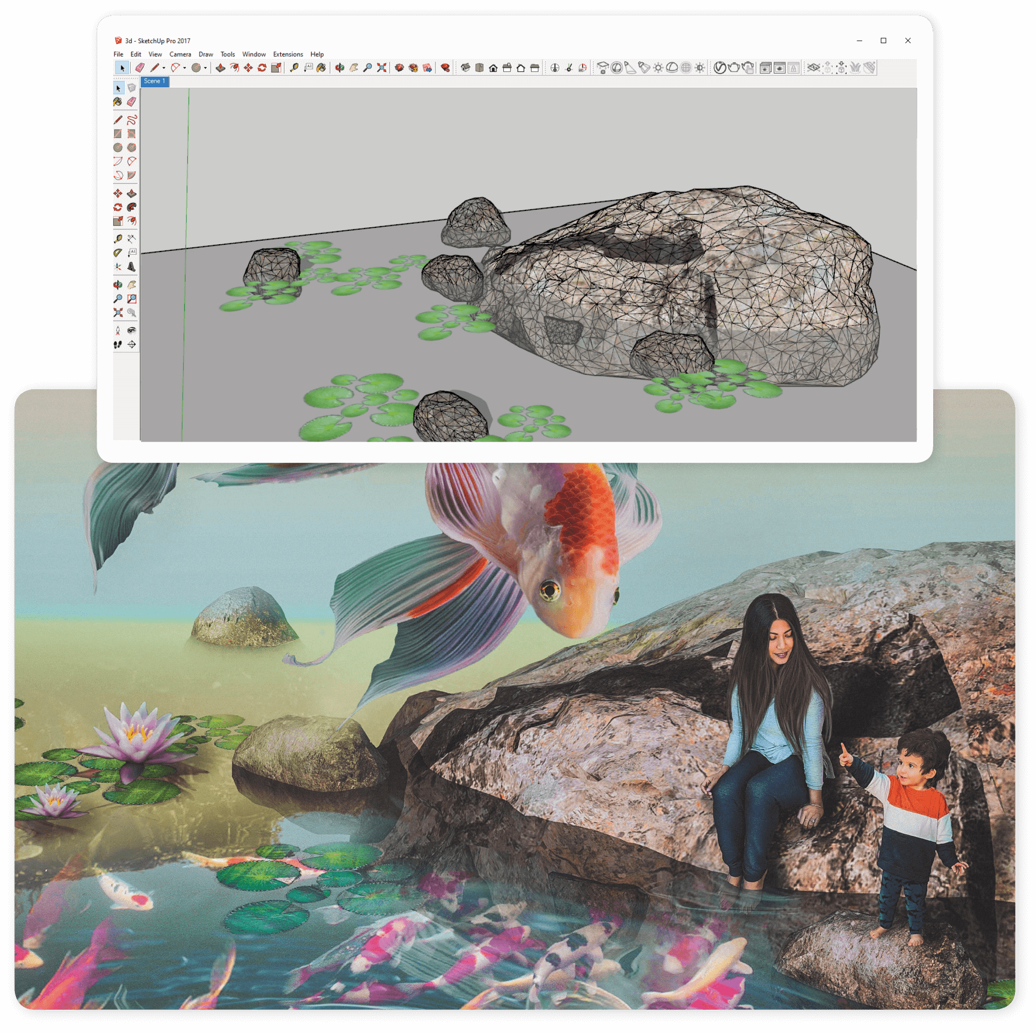Exemplos de como wireframe no Sketchup é traduzido em imagens compostas acabadas