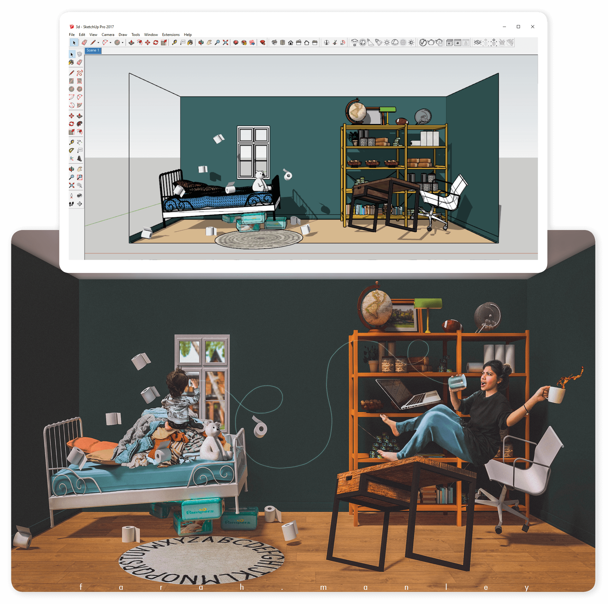 Esboço conceitual em software 3D para arte finalizada composta no Photoshop