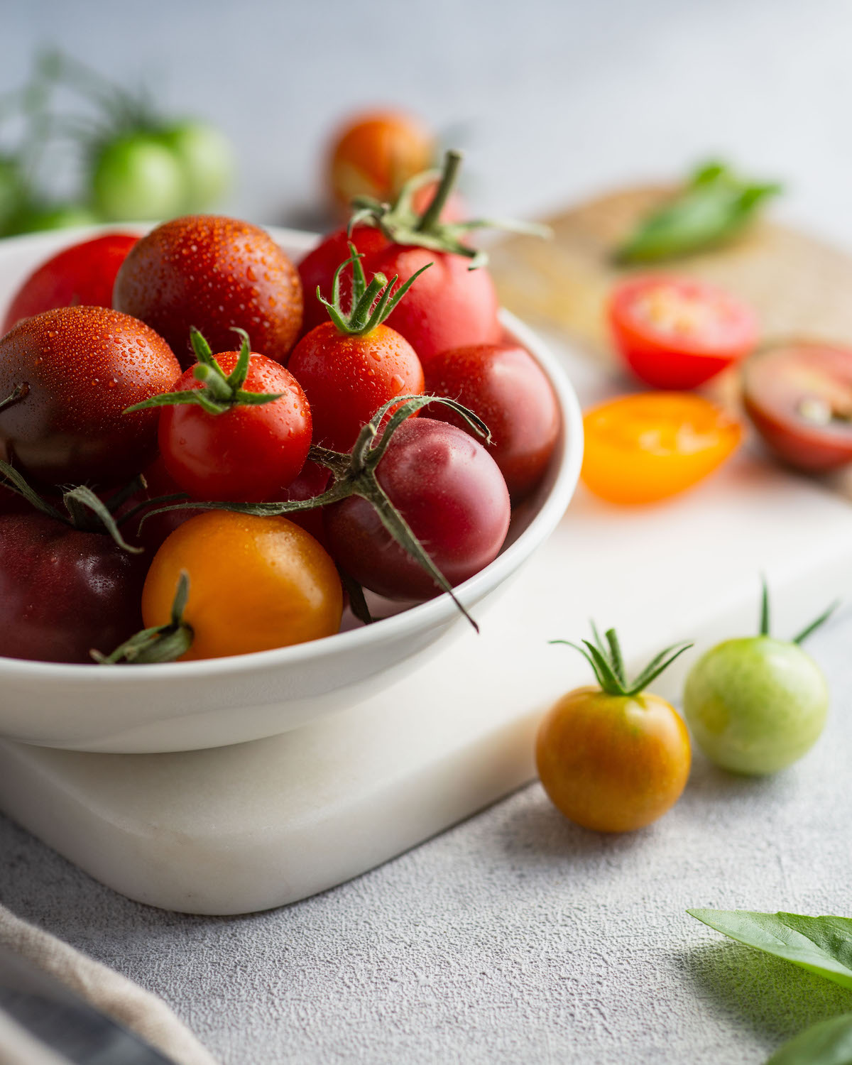 Recipiente de tomates frescos colhidos