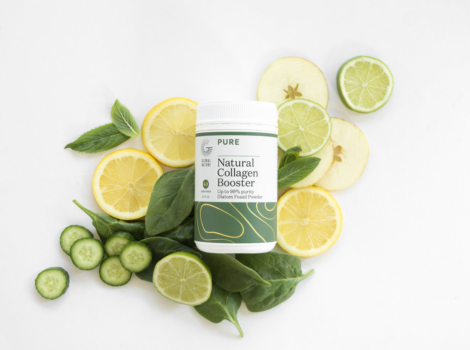 Intensificador de colágeno natural desenvolvido com fatias cítricas de limão, espinafre e pepino
