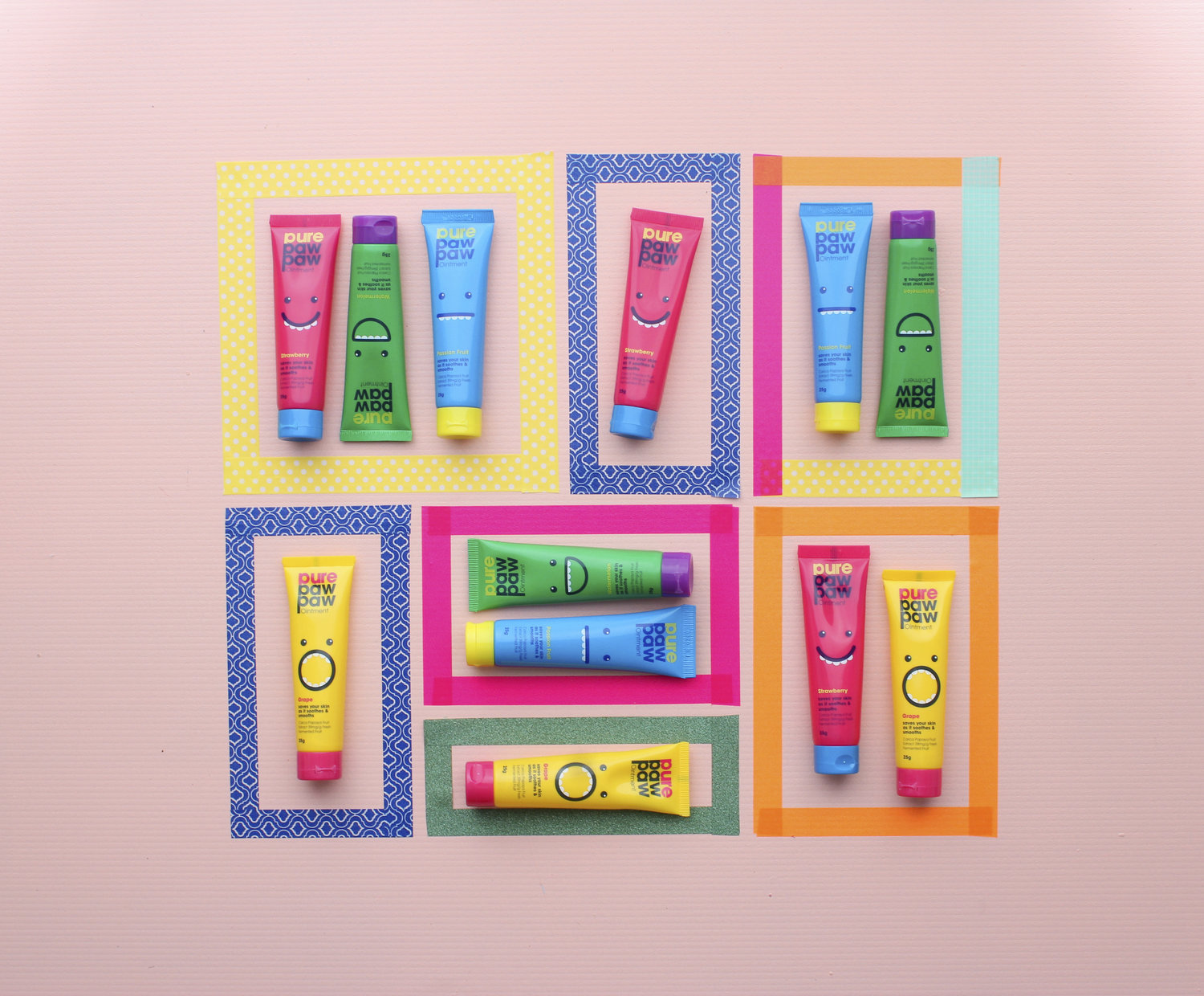 molduras coloridas criadas com fita washi estampada com tubos de creme para as pernas dentro