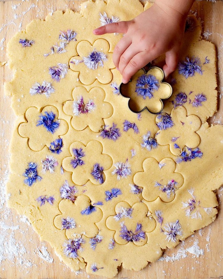 usando cortadores de biscoito em biscoitos amanteigados de centáurea