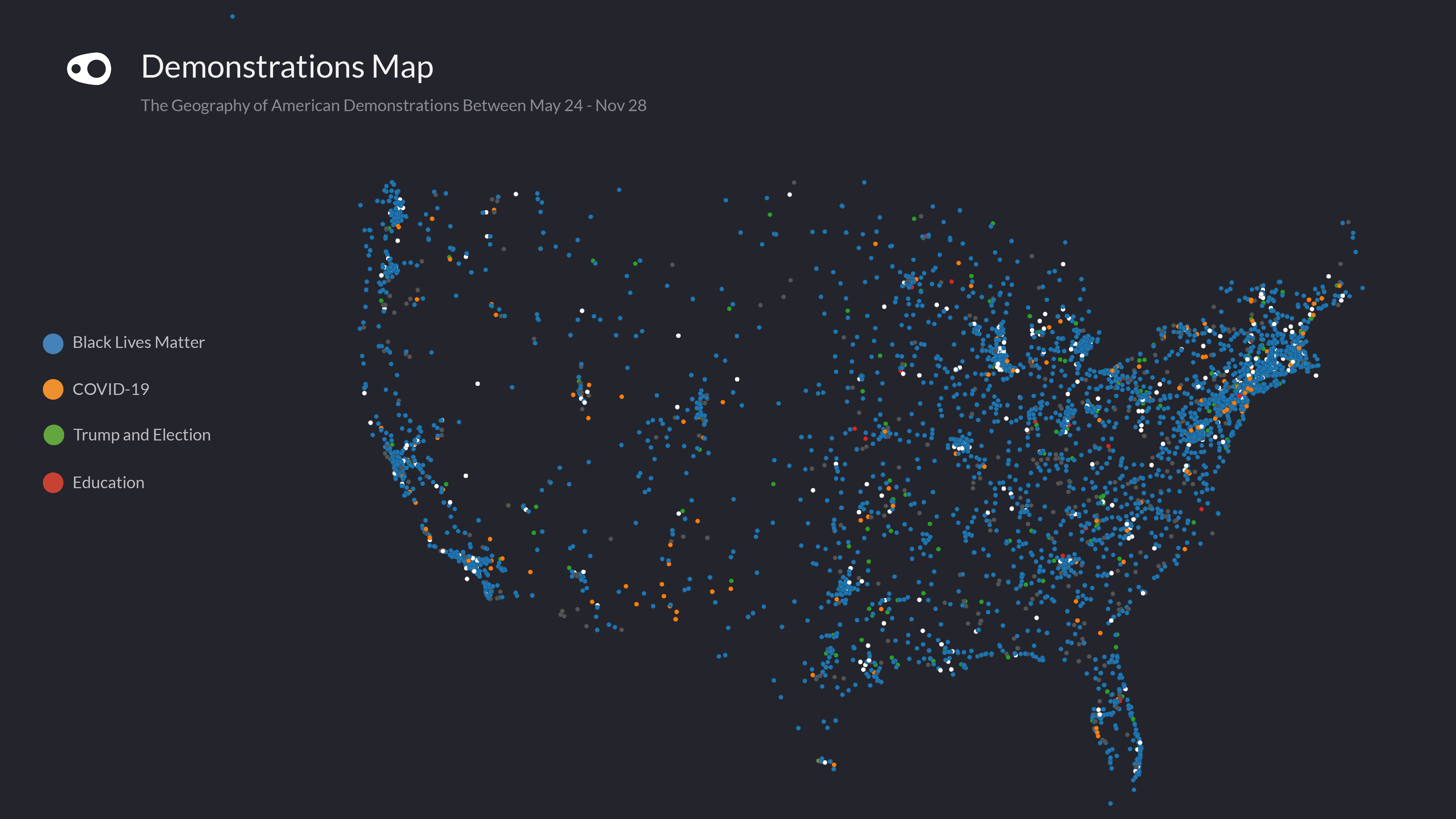 A map showing where demonstration events concerning BLM, COVID-19, Trump & the election took place in the USA throughout 2020.