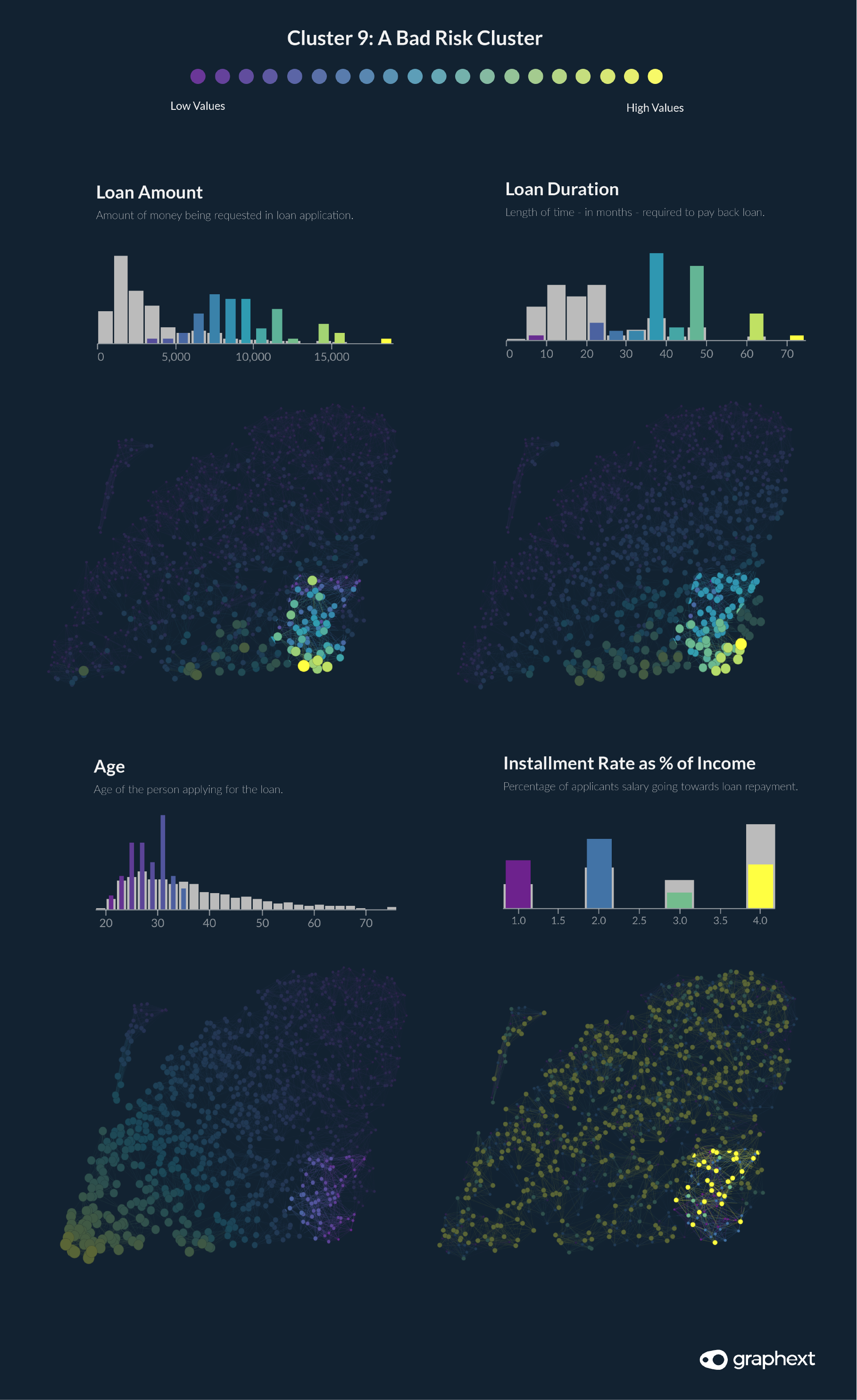 Data visualisations showing how the values belonging to loan applications in cluster nine help to contribute to a 'bad' risk classification.