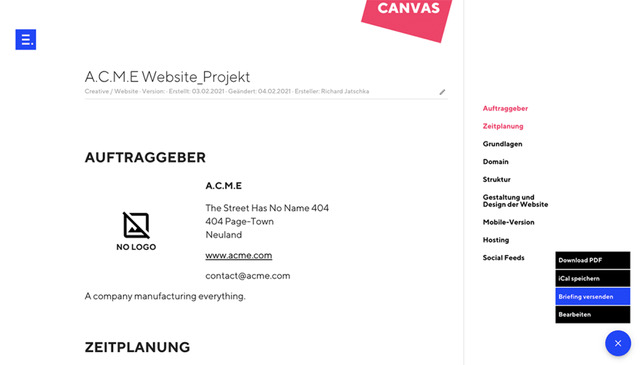 Collaboration made easy: Let others edit the briefing, share the web view link or download it as a PDF. You got all the choices to enhance the collaboration to complete the project successfully.