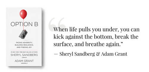 Image of Sheryl Sandberg's book "Option B: facing adversity, building resilience and finding joy". Next to it, a quote: "When life pulls you under, you can kick against the bottom, break the surface, and breathe again." by Sheryl Sandberg and Adam Grant